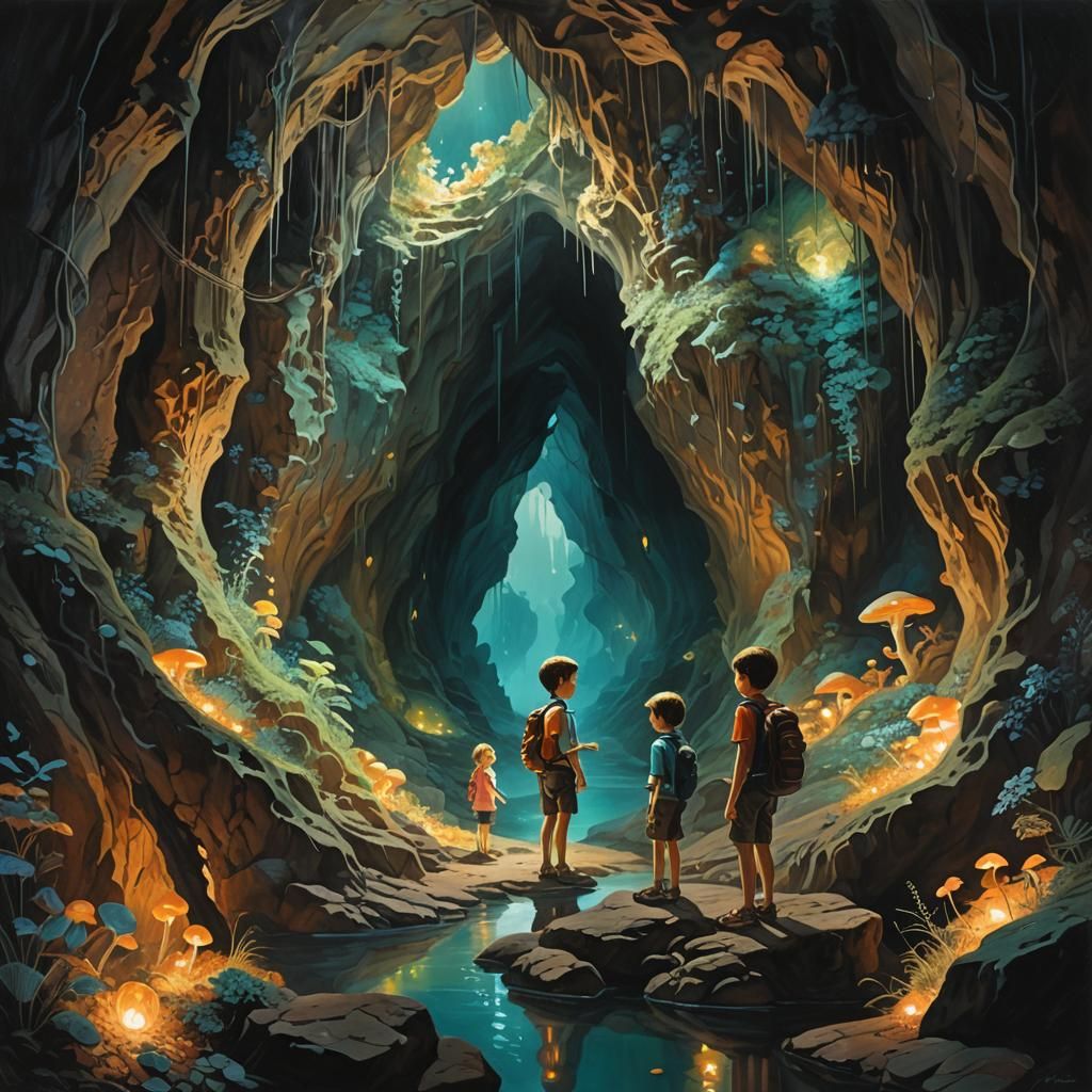 Mystical Cave Exploration in Surreal Painting