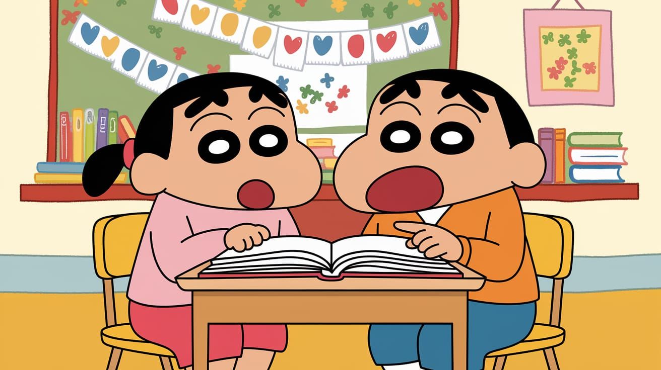 Children Reading in Classroom, Shinchan Cartoon Style