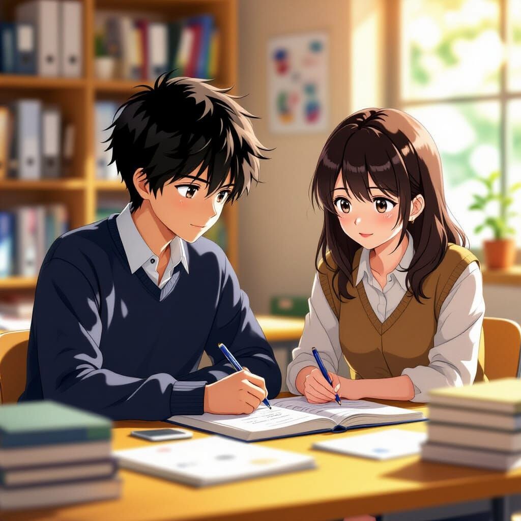 Boy Learns English with Teacher in Detailed Anime Style