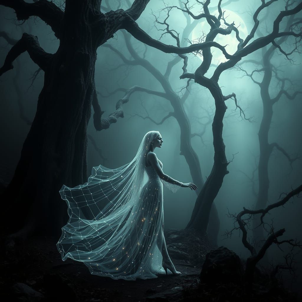 Ethereal Goddess in Dark, Mystical Grove
