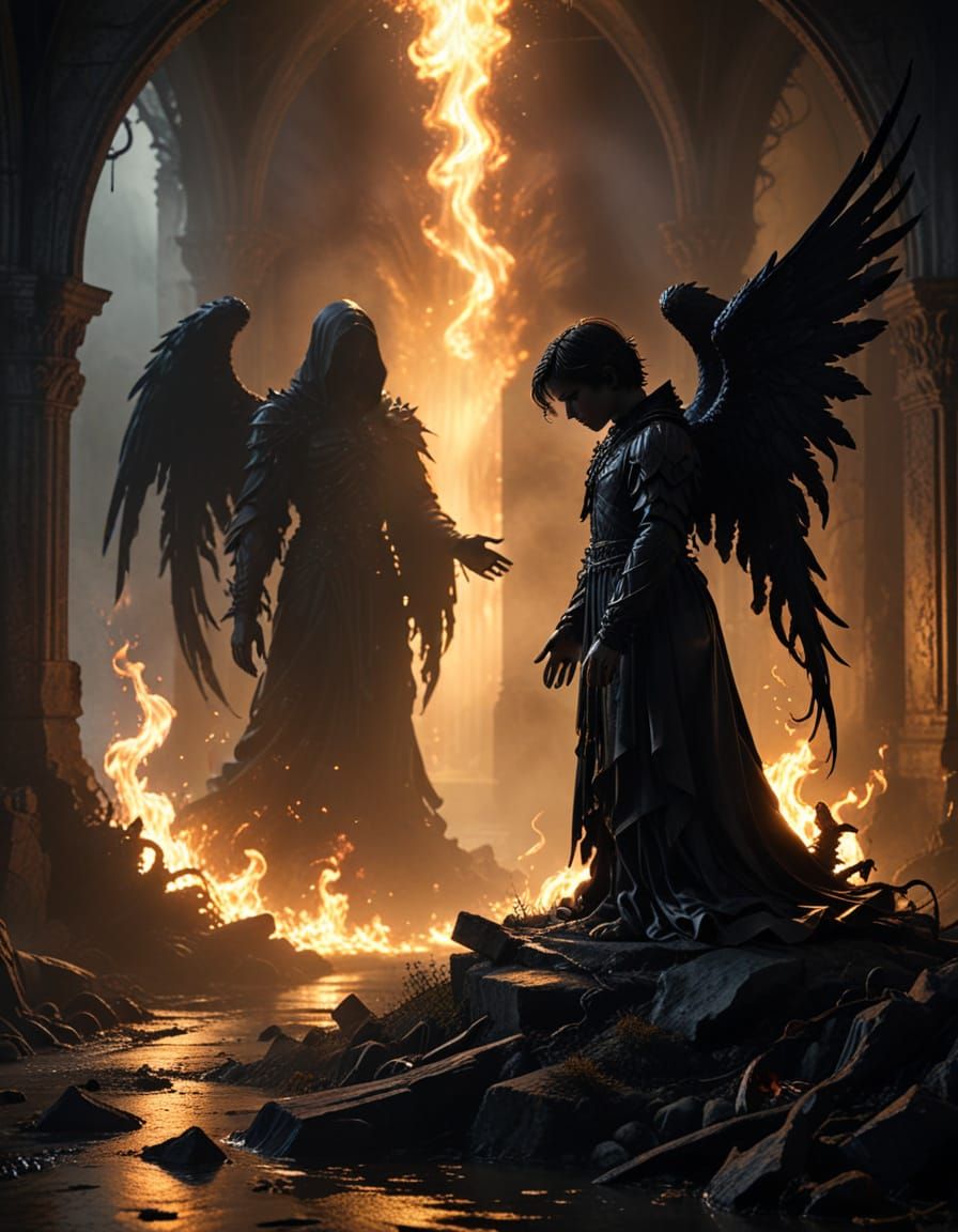 Mysterious Fallen Angel Stands at the Threshold of Two World...