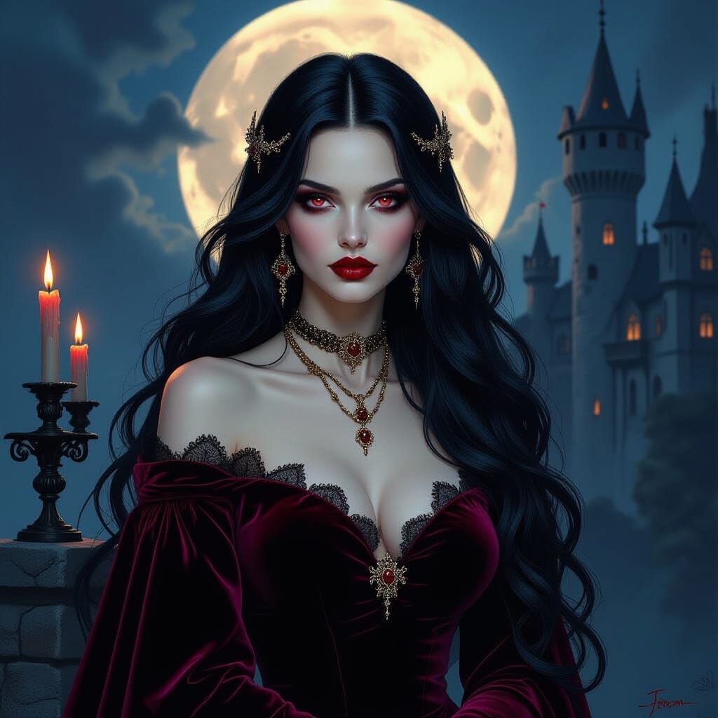 Gothic Vampire Portrait in Moonlit Castle