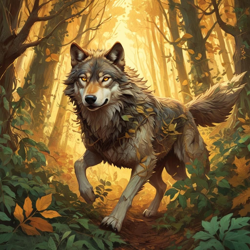 Wolf Running Through Forest in Vibrant Concept Art