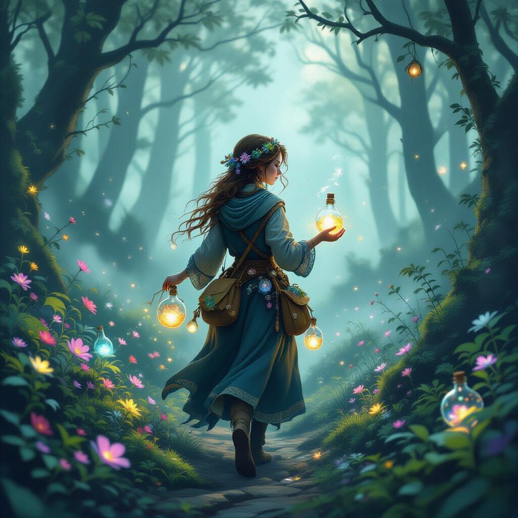 A alchemist wanders through dense mist forest, collecting glowing spores, dew pearls, and soft whispers in little bottle...