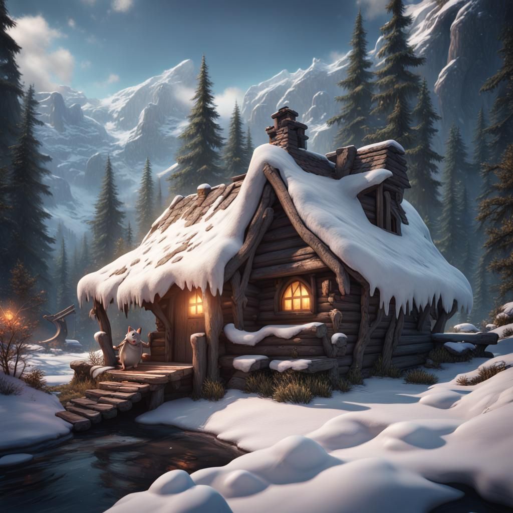 Fluffy Mouse in Snowy Mountain Cabin