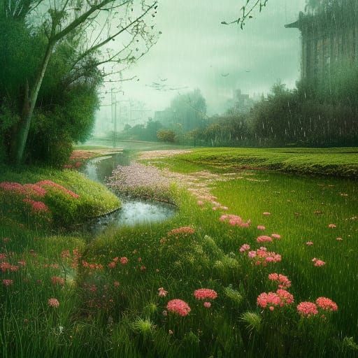 Lush Spring Landscape with Blooming Flowers in Rain
