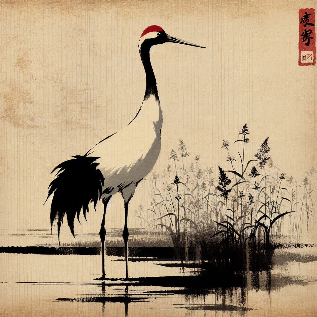 Elegant Red-crowned Crane in Minimalist Ink Illustration
