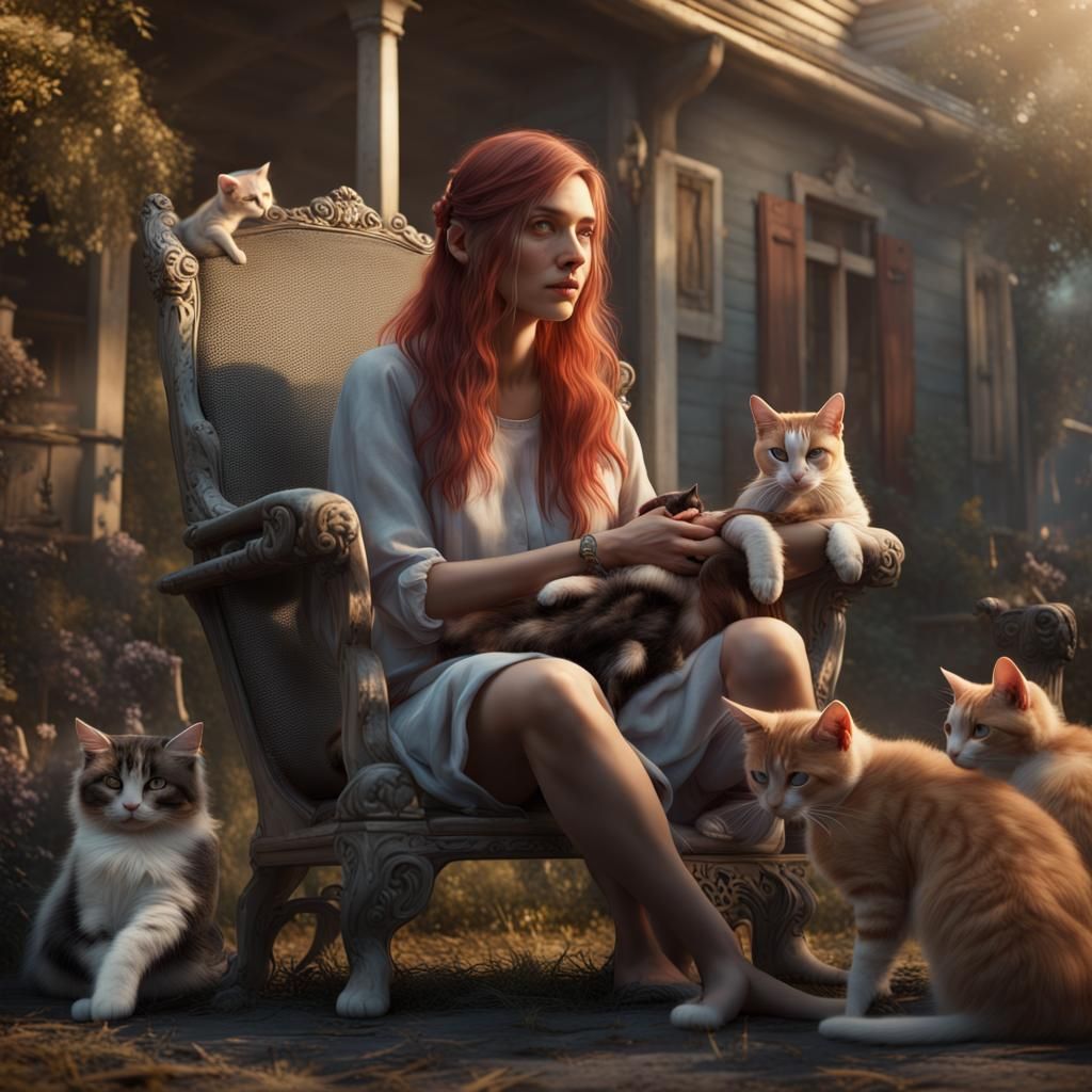 Woman Feeding Cats: Realistic Matte Painting