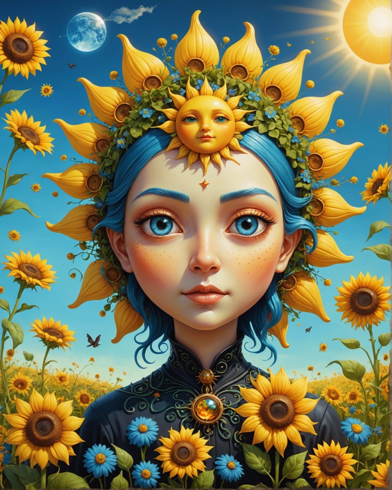 Cute Witch Sun in Garden, 3D Iridescent Render