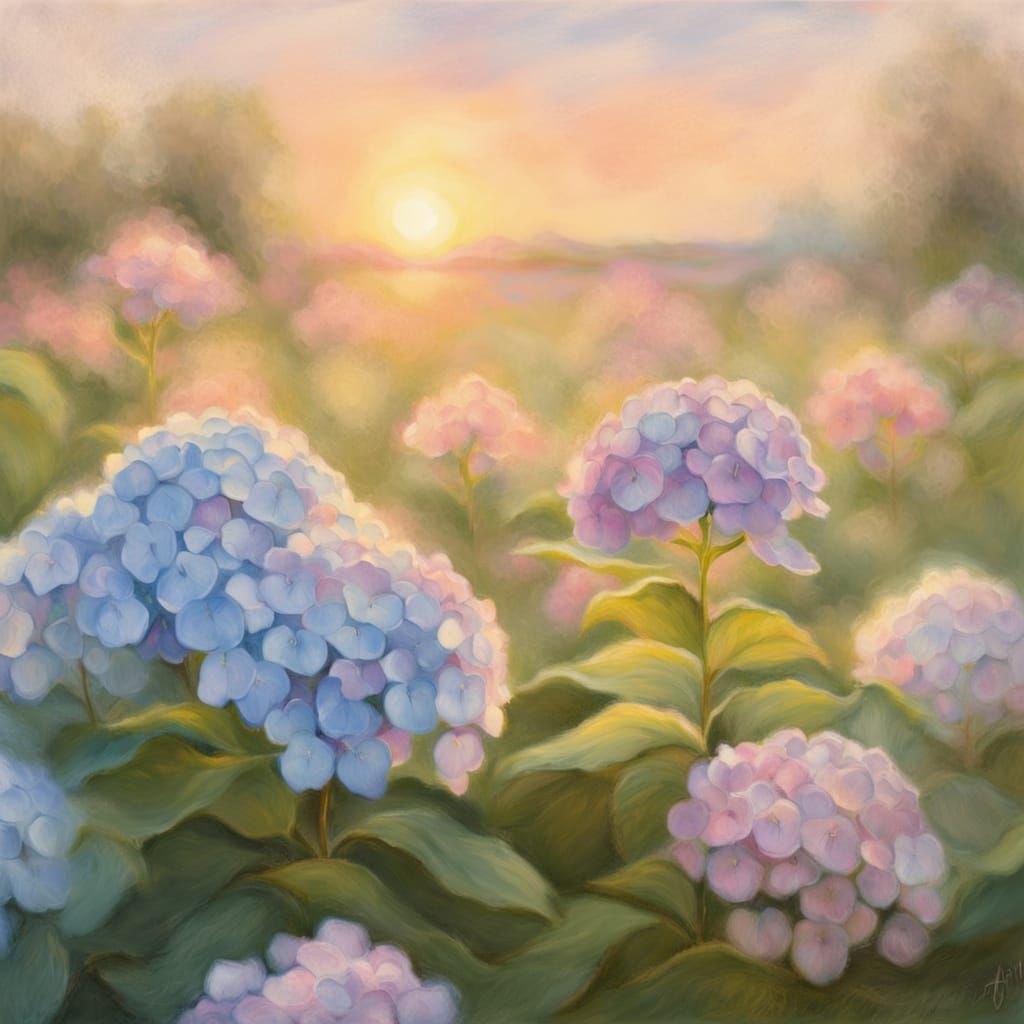 Impressionist Hydrangeas at Sunrise in Pastel Colors