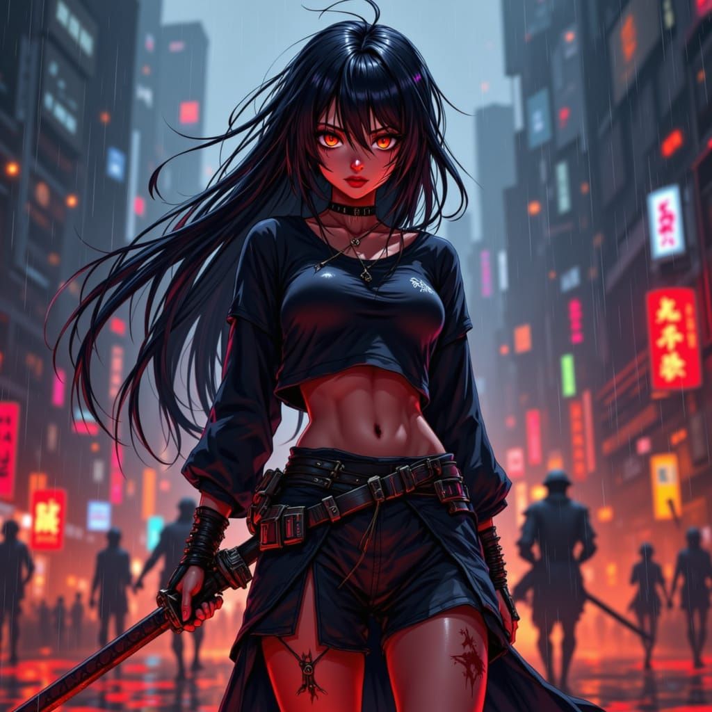Enraged Samurai Girl in Rain-Soaked Battlefield