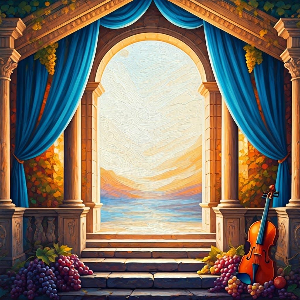 Vibrant Roman Gate with Carved Railing and Kaleidoscope Sky