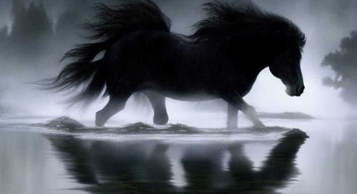 Sinister Kelpie in Foggy Pond: Dark Fantasy Art