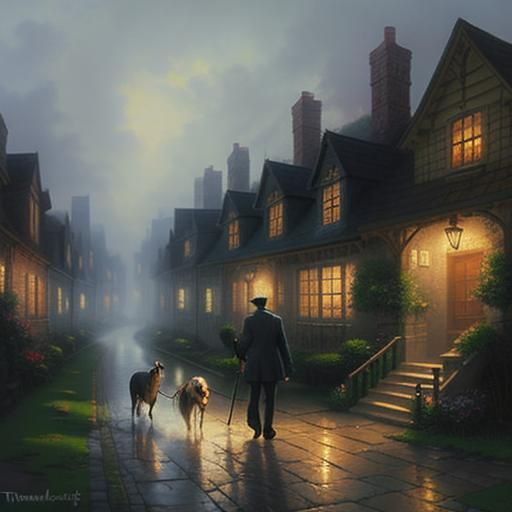 Man and Dog Stroll in Ethereal Village