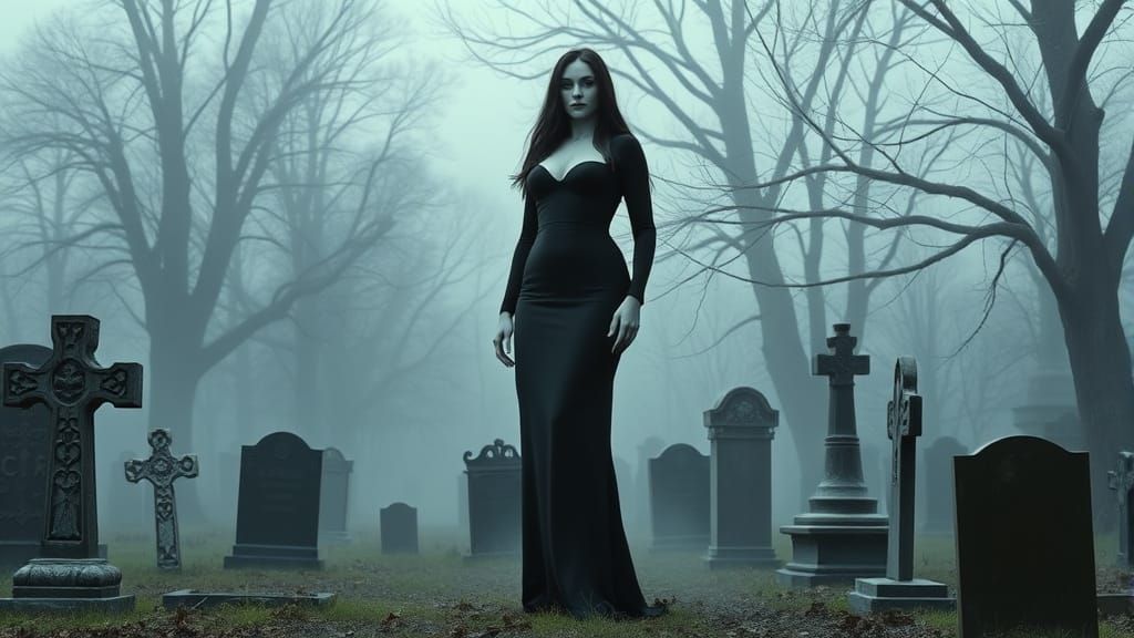 Statuesque Woman in Misty Cemetery