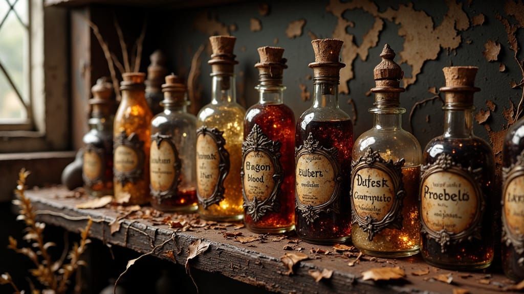 Antique Potion Bottles with Embossed Labels: Digital Art