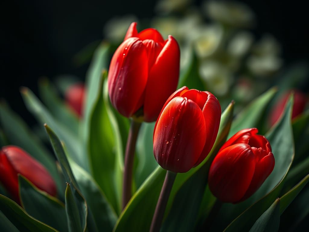Vibrant Red Tulips in a Lush Green Oasis