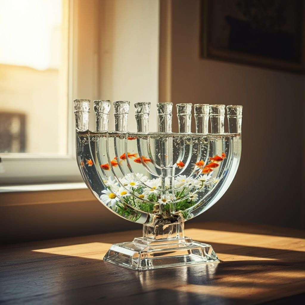 Glass Menorah Aquarium in a Sunlit Room