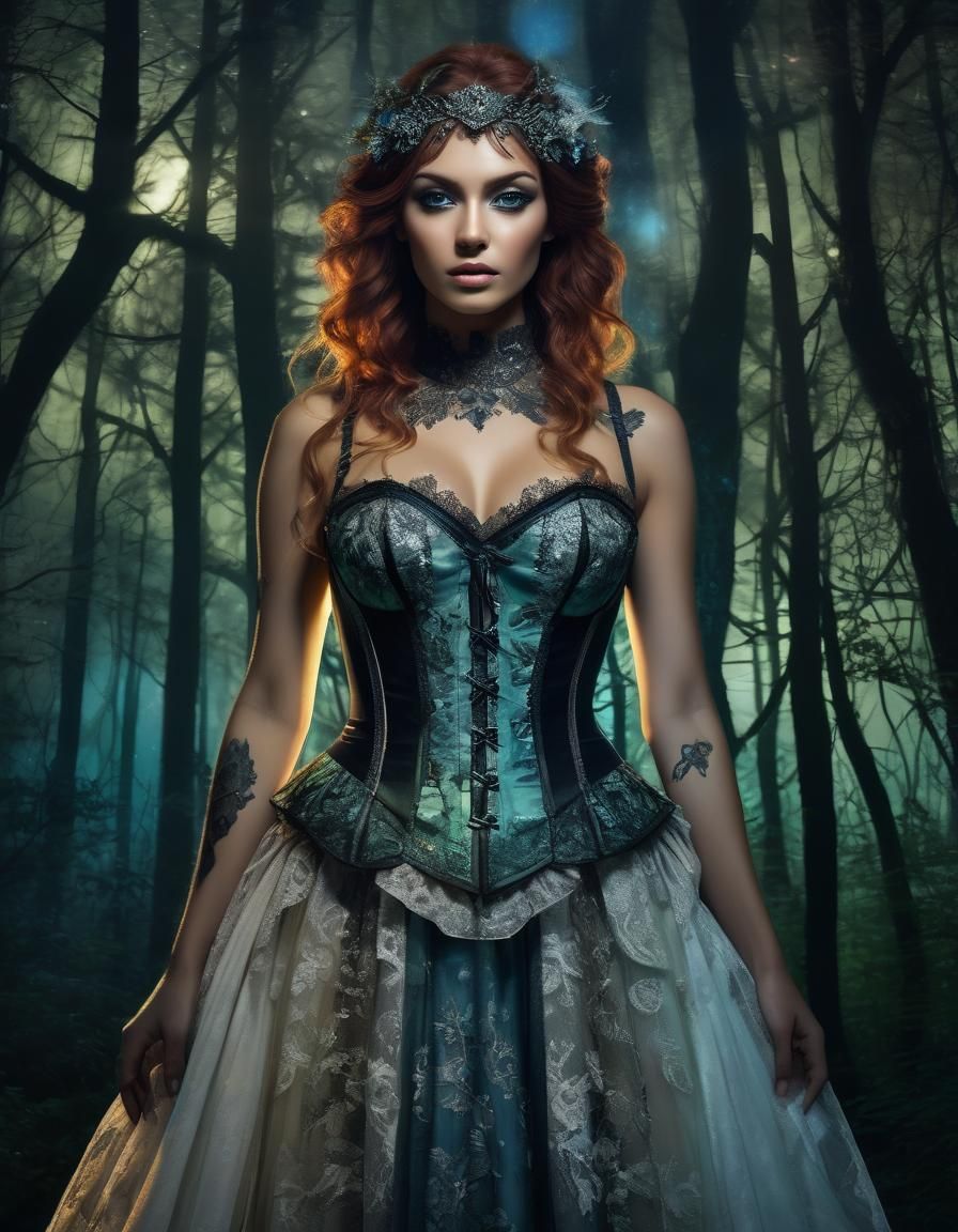 Enchantress in Bioluminescent Forest Double Exposure