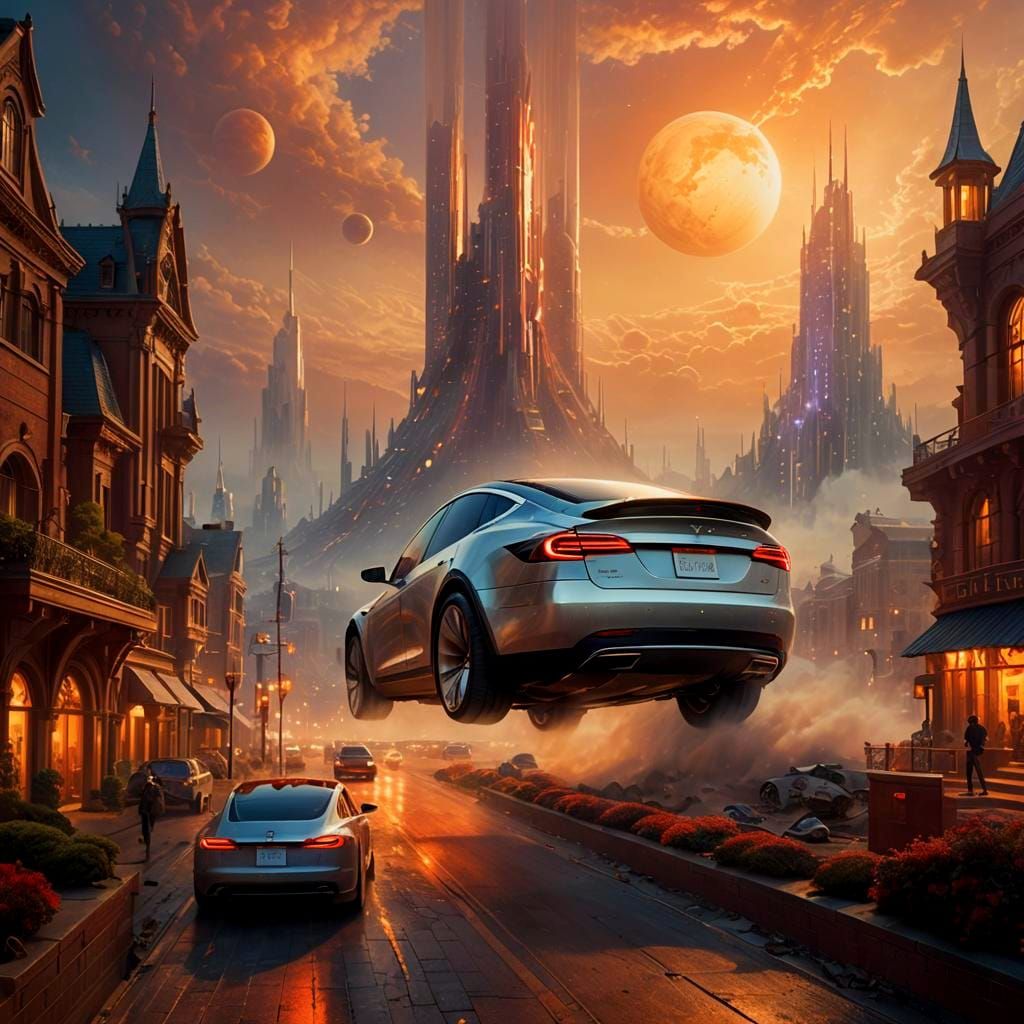Tesla in Advanced City with Space Views