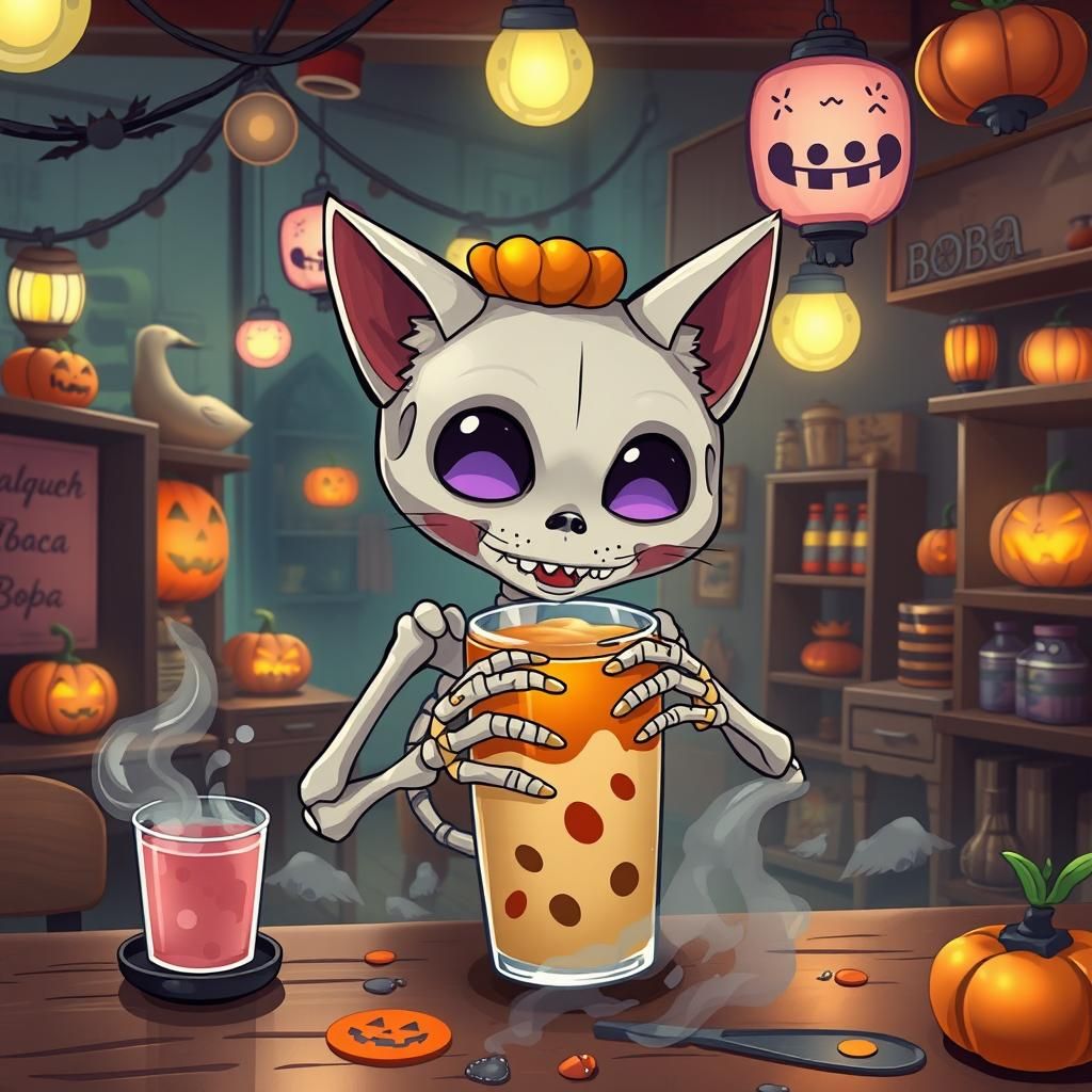 Halloween Skeleton Cat Boba Chibi Art