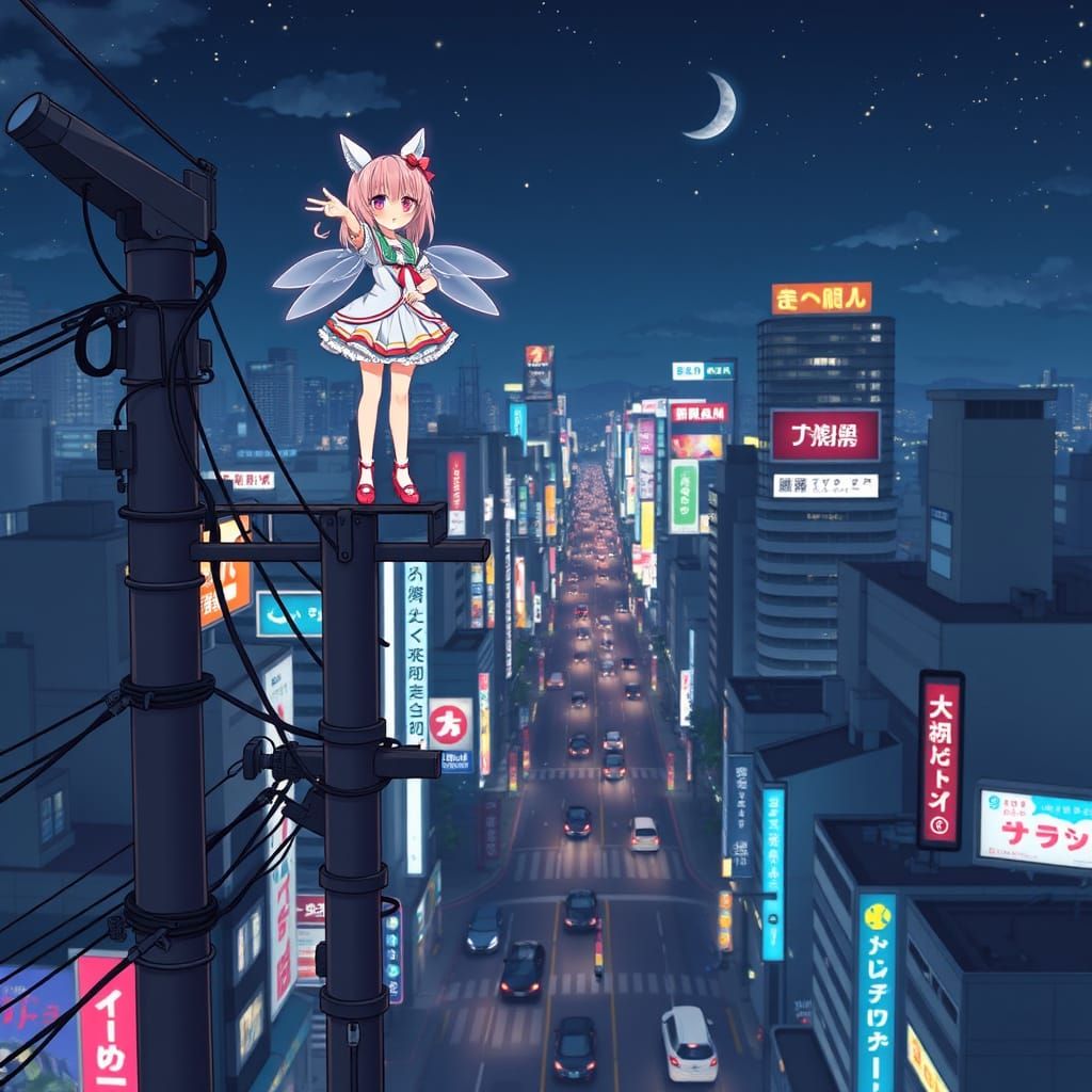 Magical Girl Watches Over Shibuya at Night