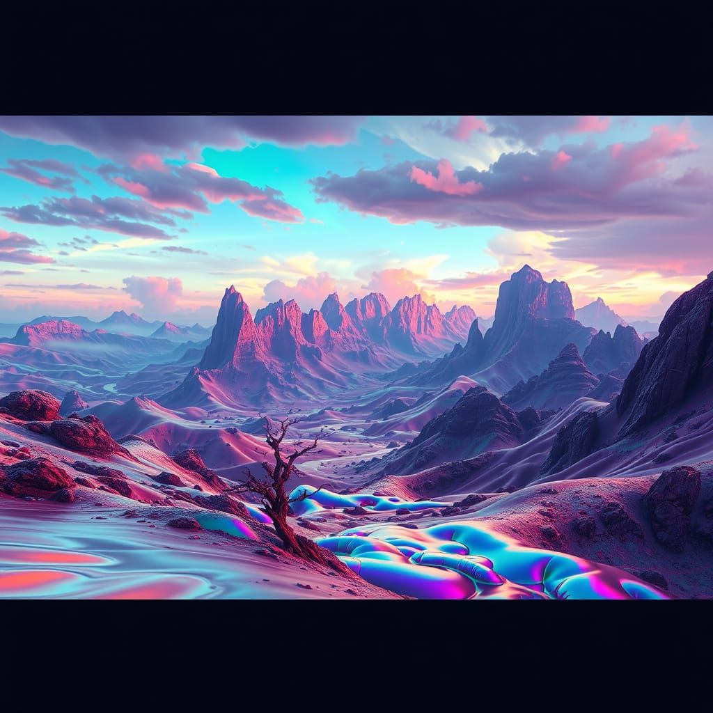 Dreamlike Optical Illusion Landscape in Vibrant Iridescence