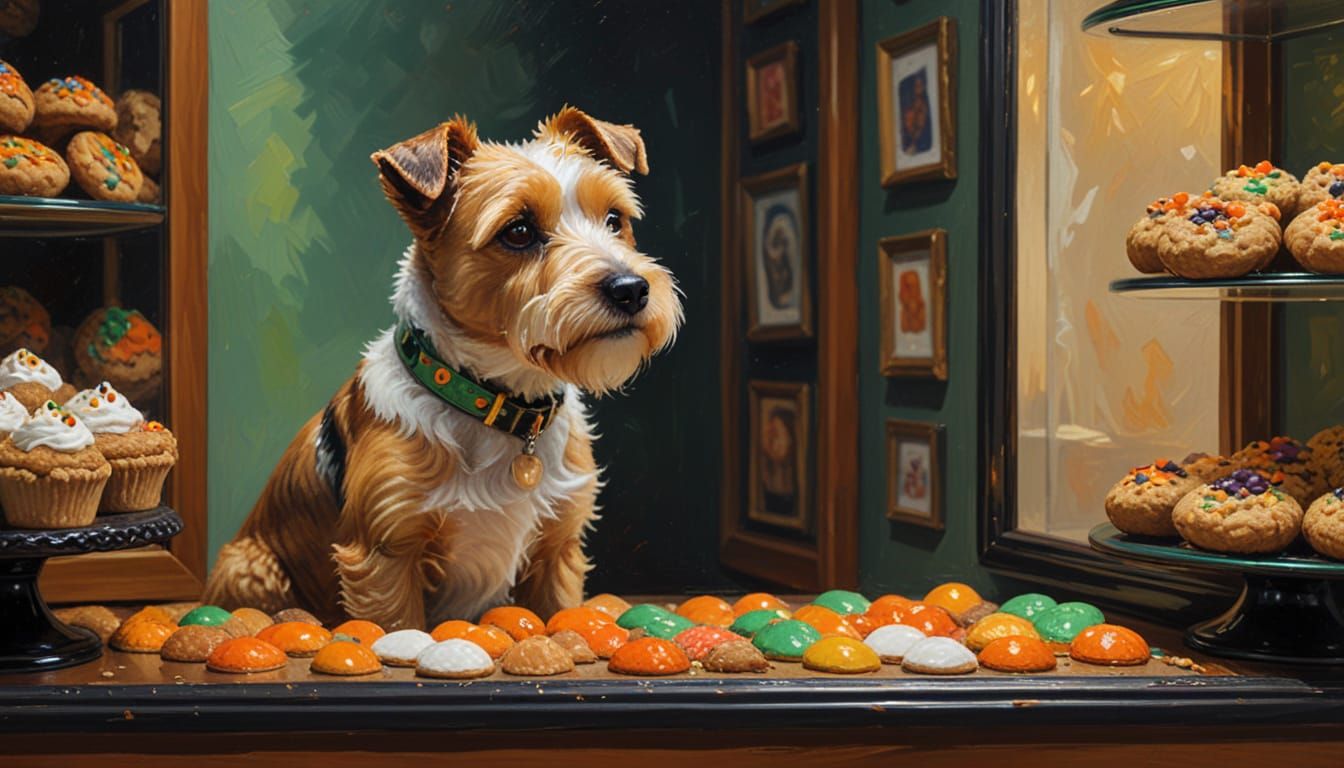 Terrier Dog in Vest Stands on Hind Legs at Treat Display