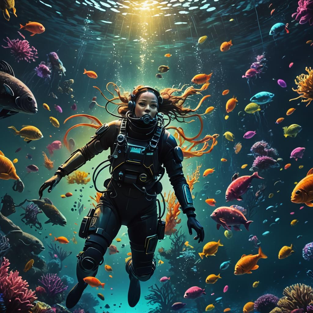 Bioluminescent Woman Diver in Dark Ocean, Painterly Style