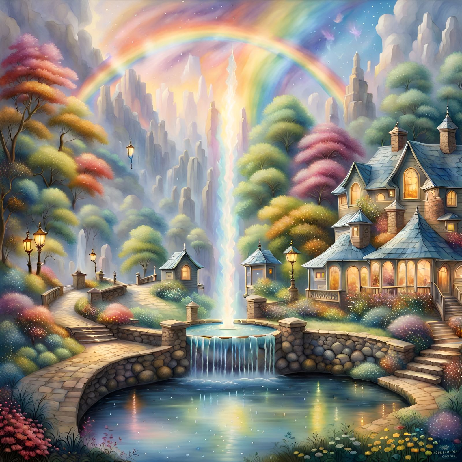 Crystals and Rainbow Fountain in Watercolor Style
