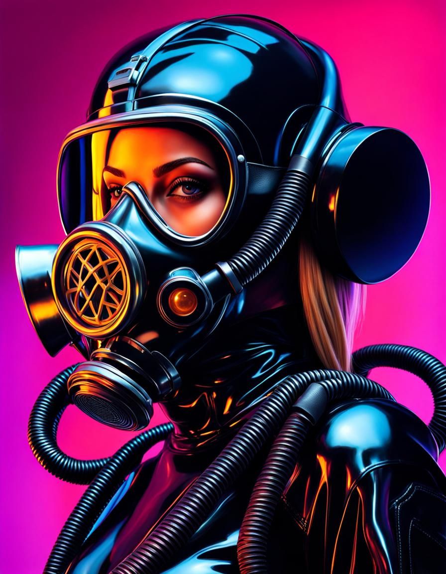 Woman in Black Rubber Outfit and Gas Mask