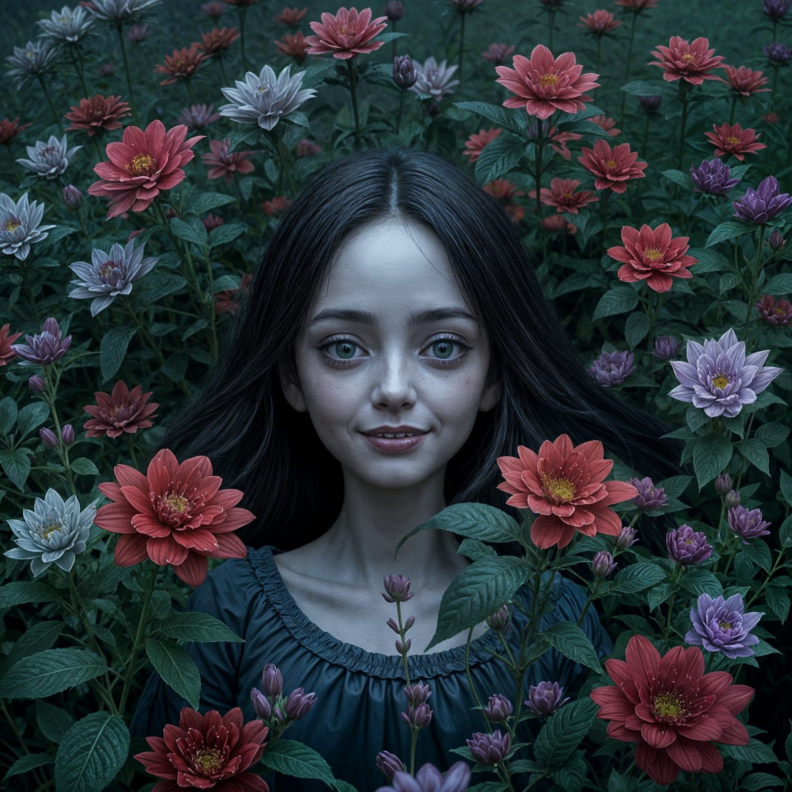 Dark Flower Field with Smiling Girl: Matte Painting
