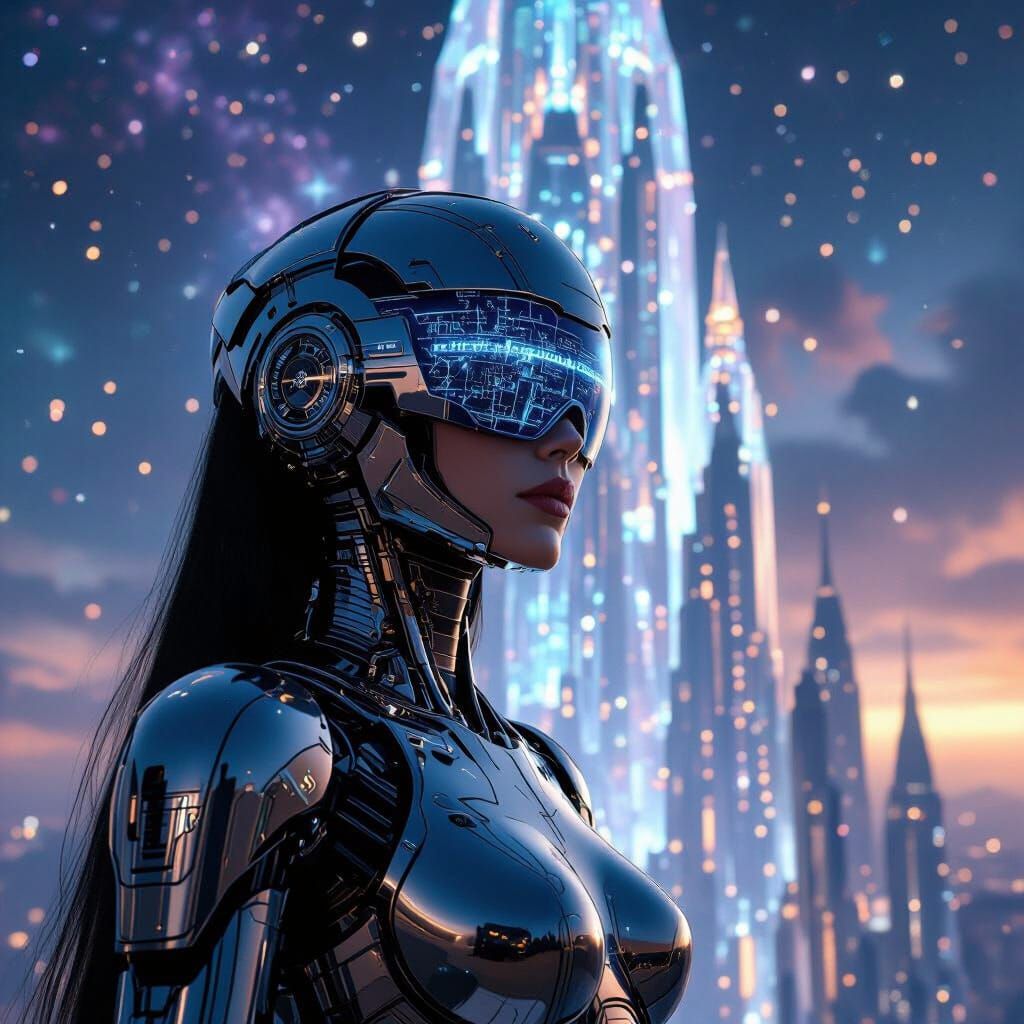 Android Woman at Crystalline Palace Apex in Nebula Sky