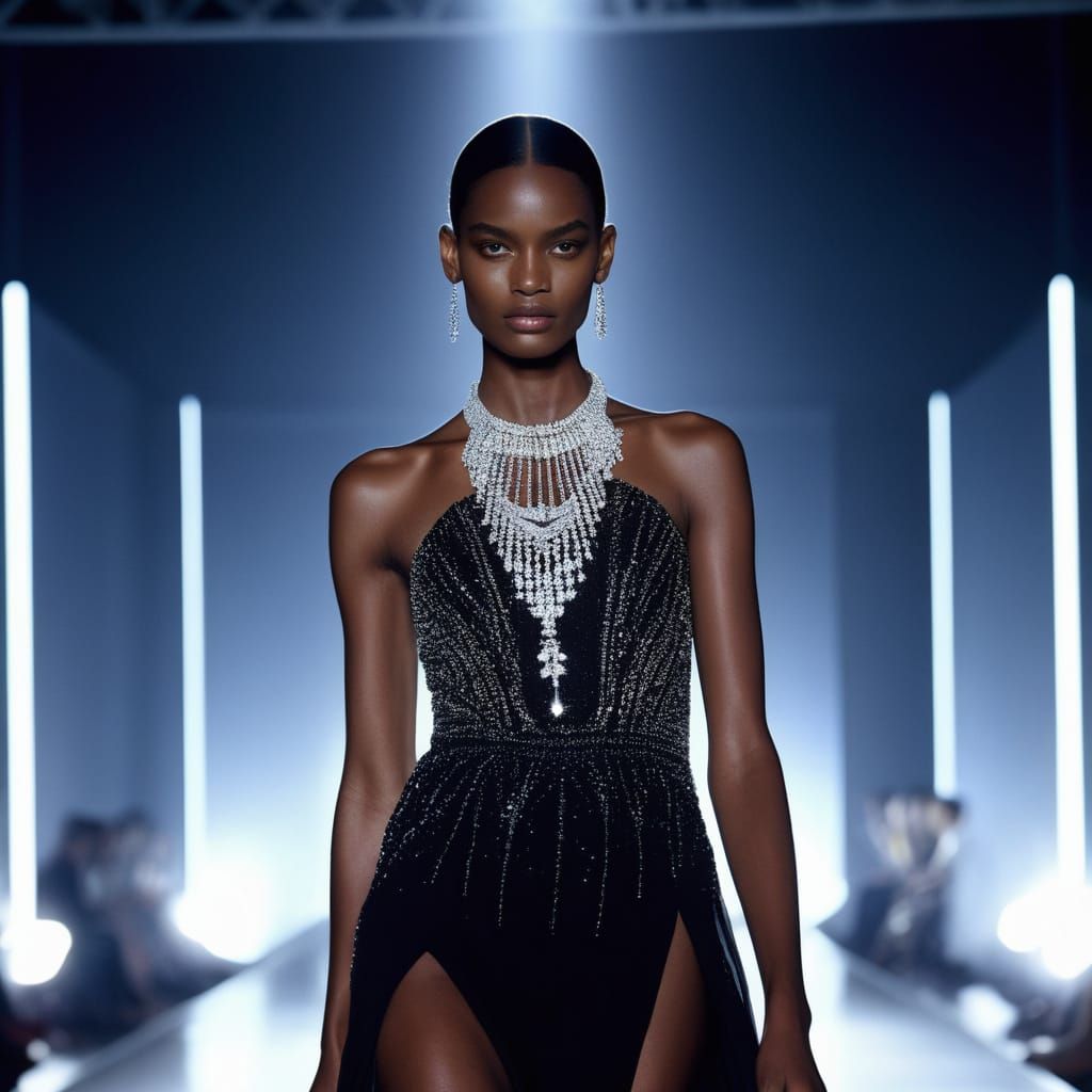 Model Struts High Fashion Runway in Diamond Necklace