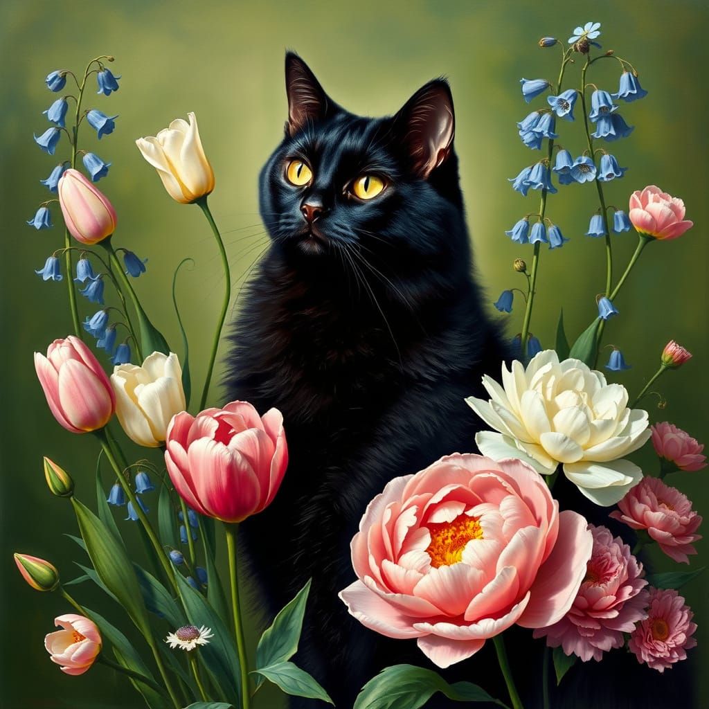 Black Cat Surrounded by Flowers in Audubon Style