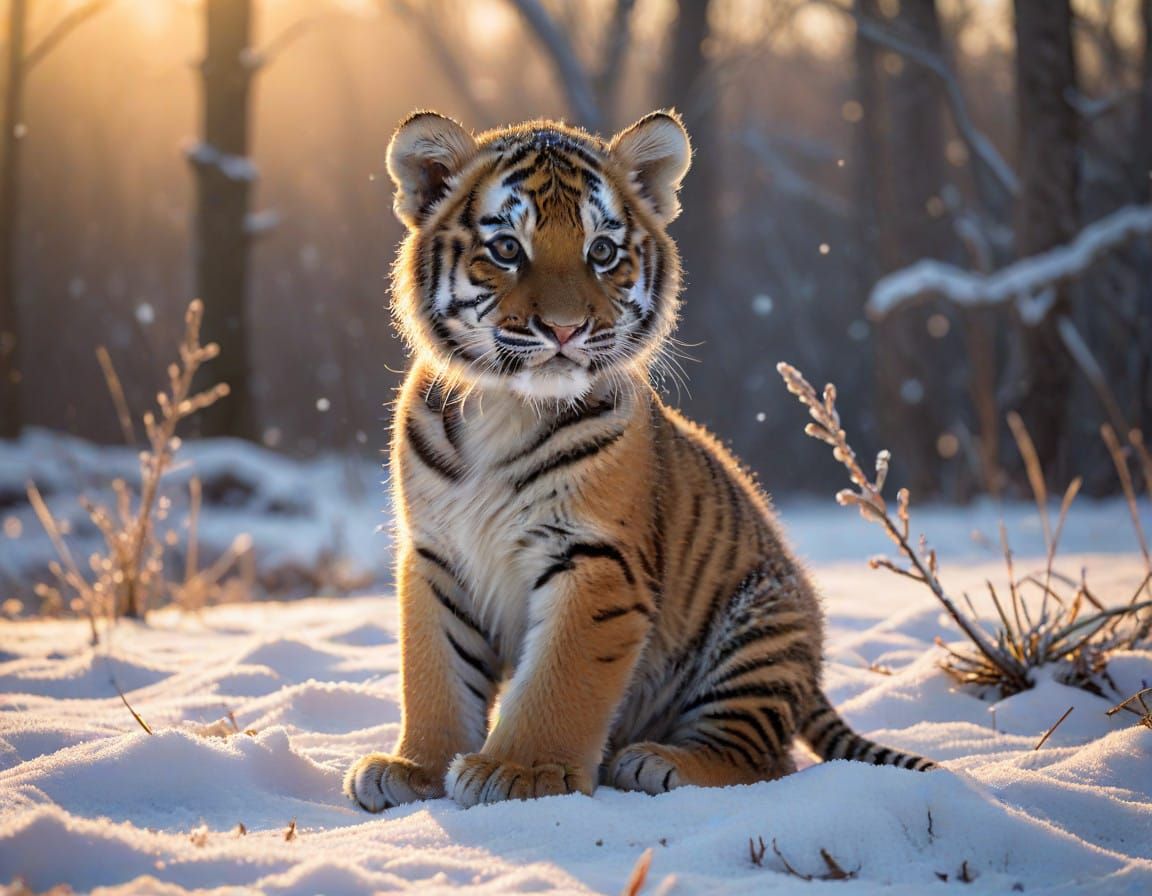 Snowy Tiger Cub Discovery in Morning Light