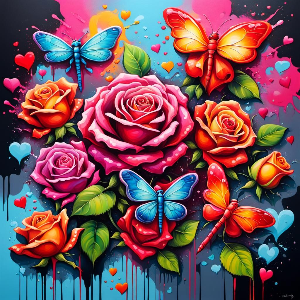 Super bright Roses, hearts and dragonflies