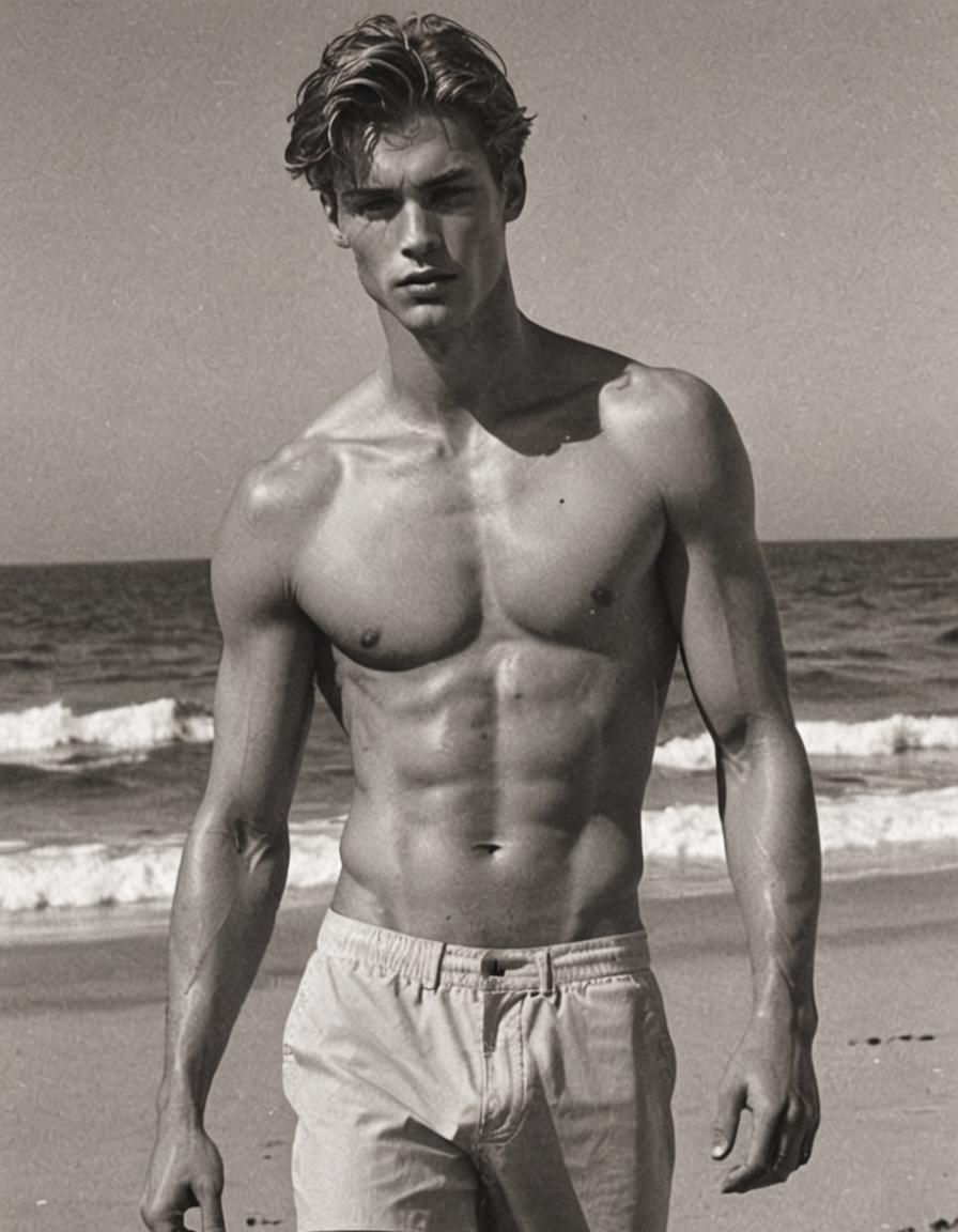 Shirtless Male Model Ocean Photo, 90s Style