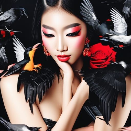 Asian Model with Roses and Crows: Hyperrealistic Detail