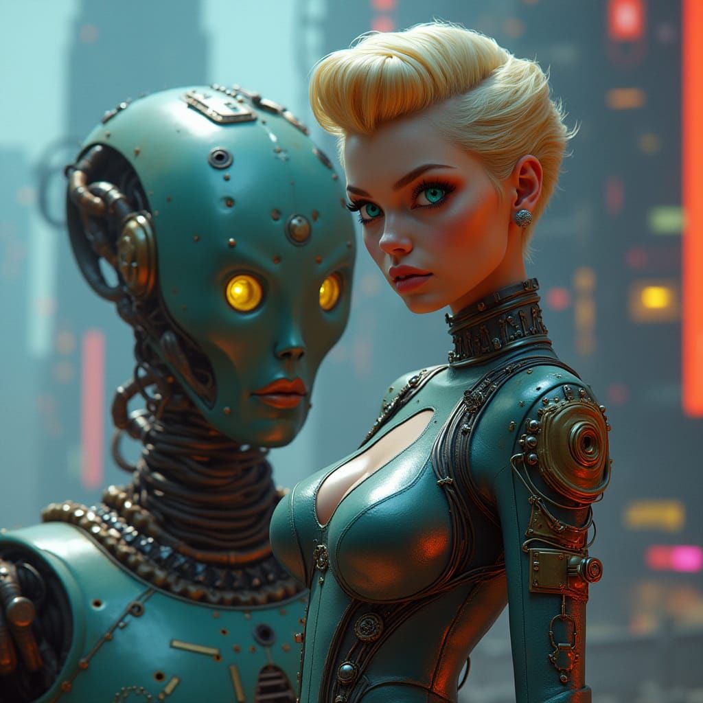 Retro Futuristic Space Girl with Robot in Neon-Lit Dystopian...