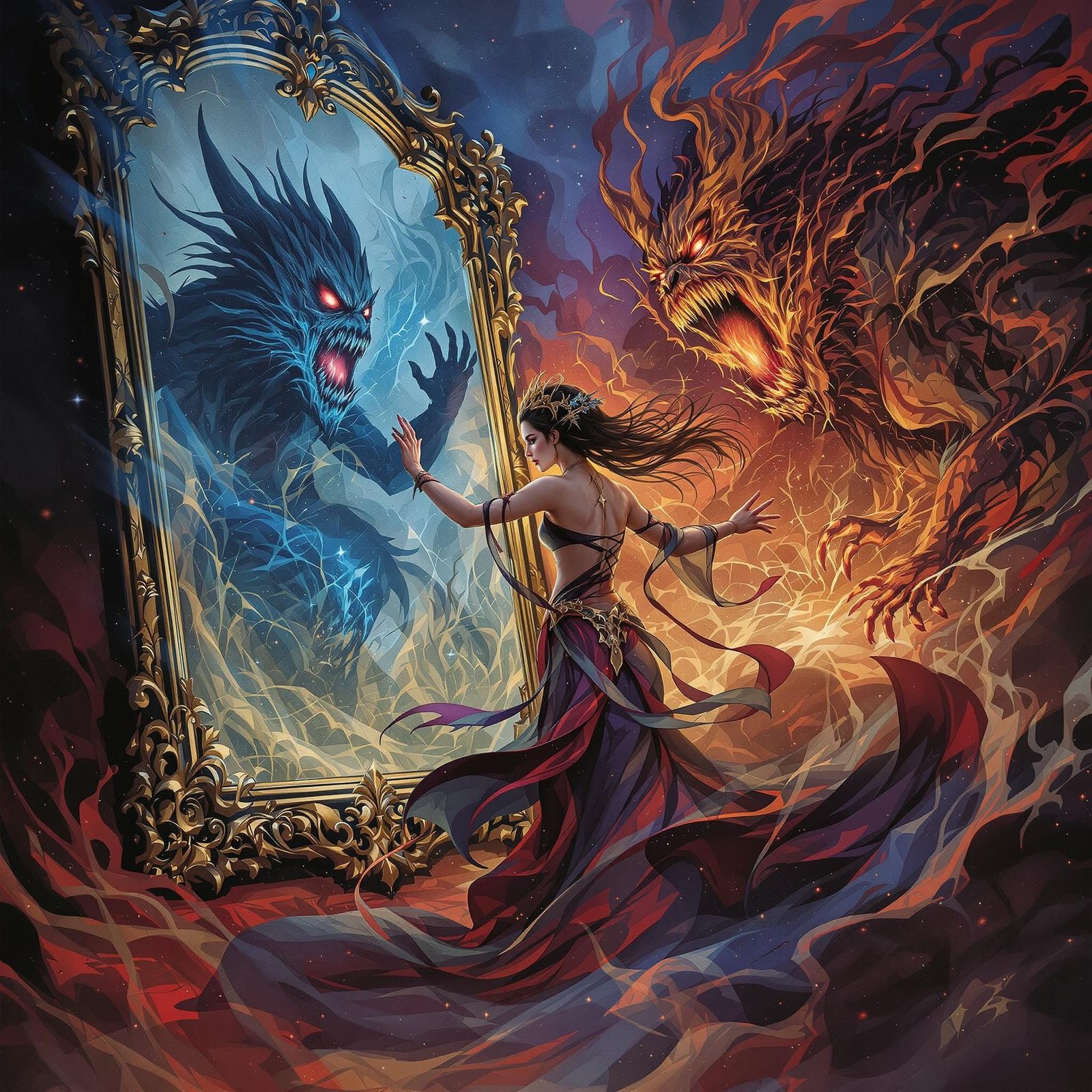 Ethereal Sorceress Battles Dark Magic in Mirrors