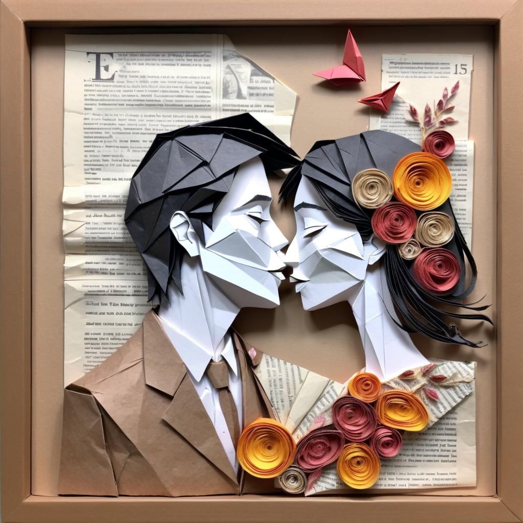 Mixed Media Origami Kissing Couple Artwork