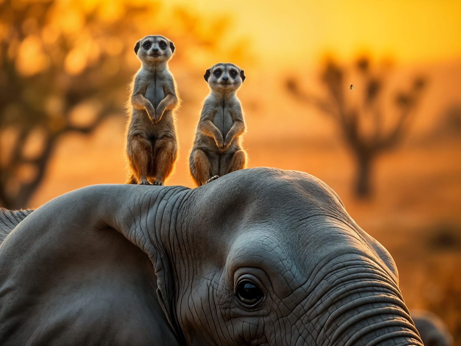 Savannah Sunset Scene with Meerkat and Elephant