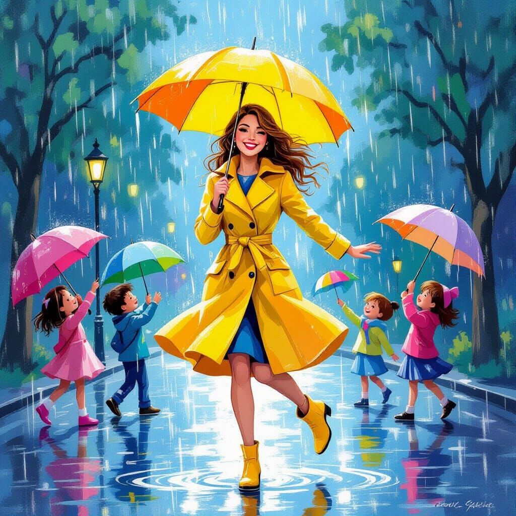 Woman Twirls in Yellow Raincoat Amidst Whimsical Downpour