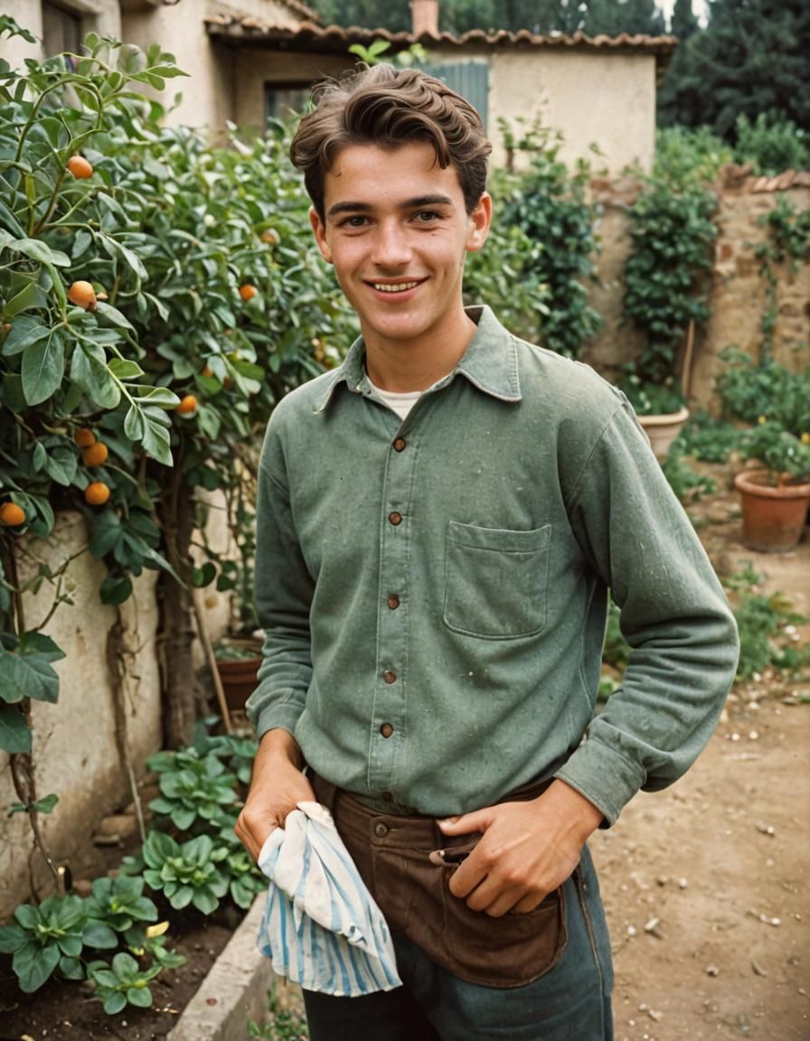 Shy Spanish Boy in Kitchen Garden, Vintage Photo