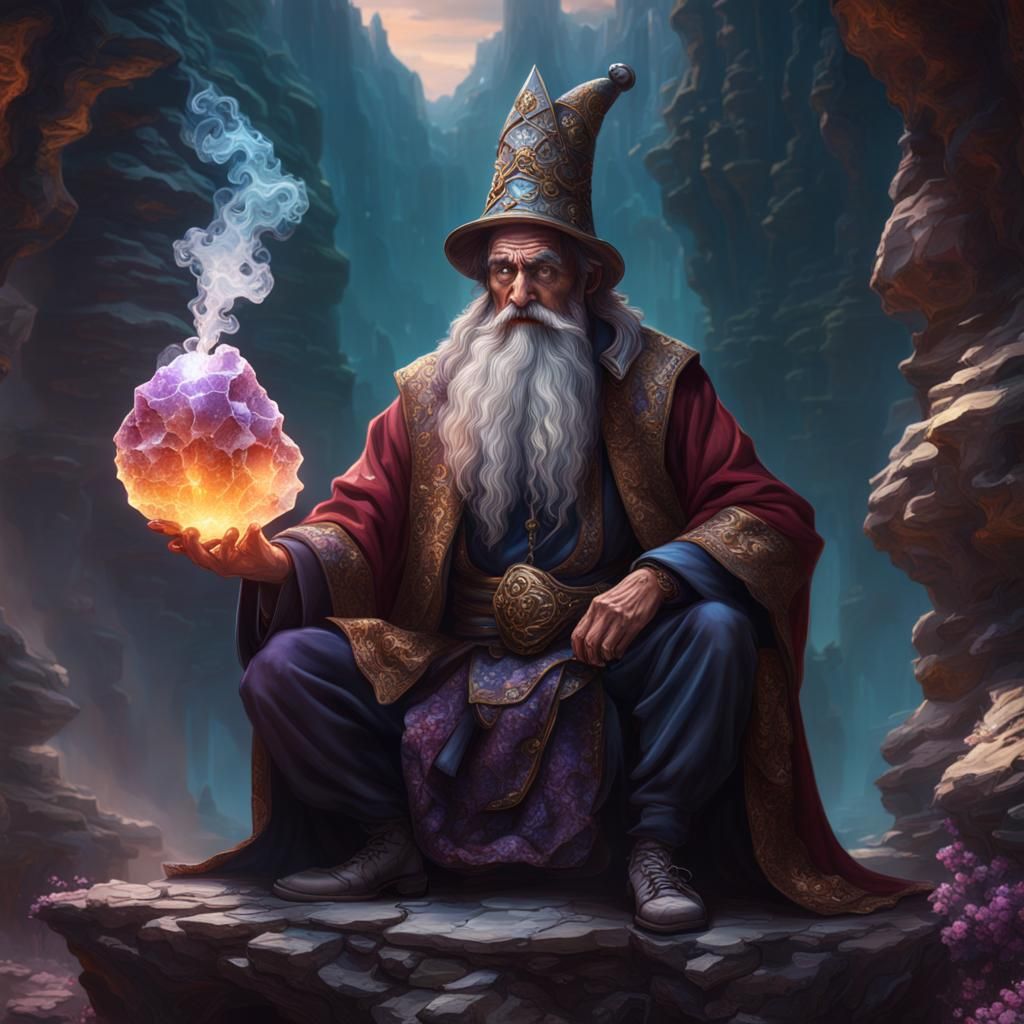 Wizard Observes Glistening Geode: Fantasy Concept Art