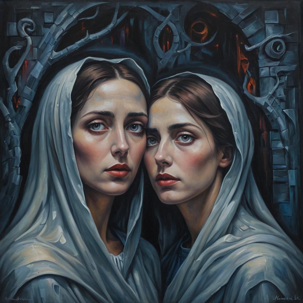 Surrealist Ghosts Embrace in Eerie Labyrinth Oil Painting