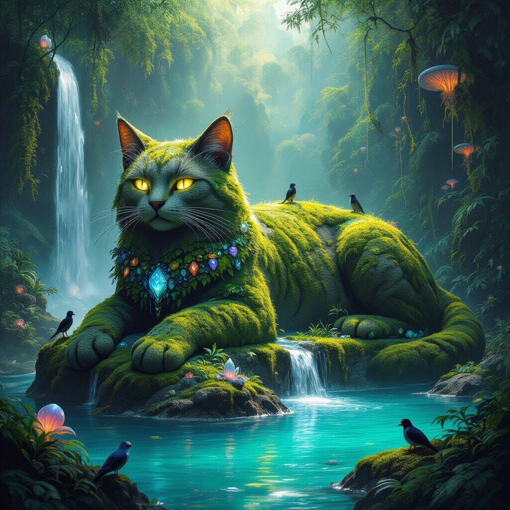 Moss-Covered Stone Cat in Alien Jungle, Art Nouveau