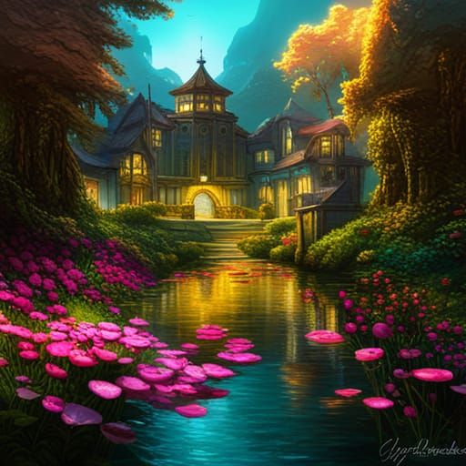 Enchanted Garden with Poppies and Turquoise Lake