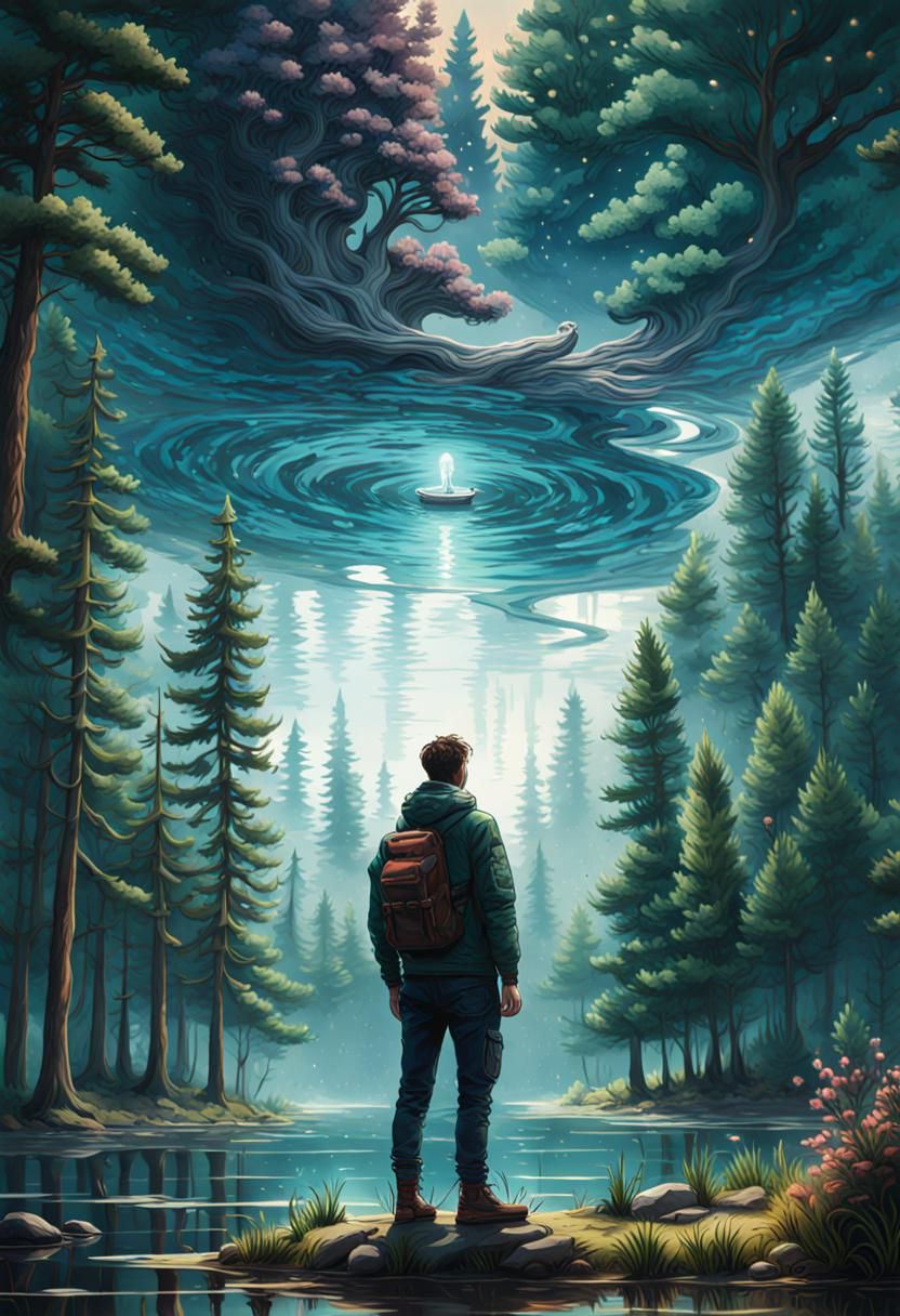 Hyperrealistic Pond Reflection with Alien Landscape